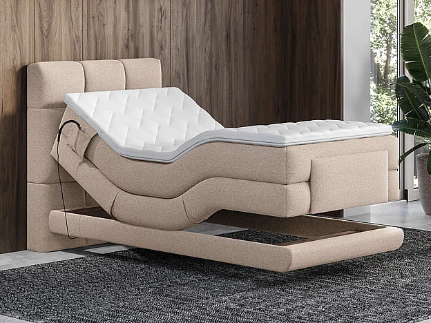Boxspringbett mit gestepptem Kopfteil + elektrischem Untergestell mit Relaxfunktion + Matratze + Topper - 100 x 200 cm - Stoff - Beige - LODI von PALACIO
