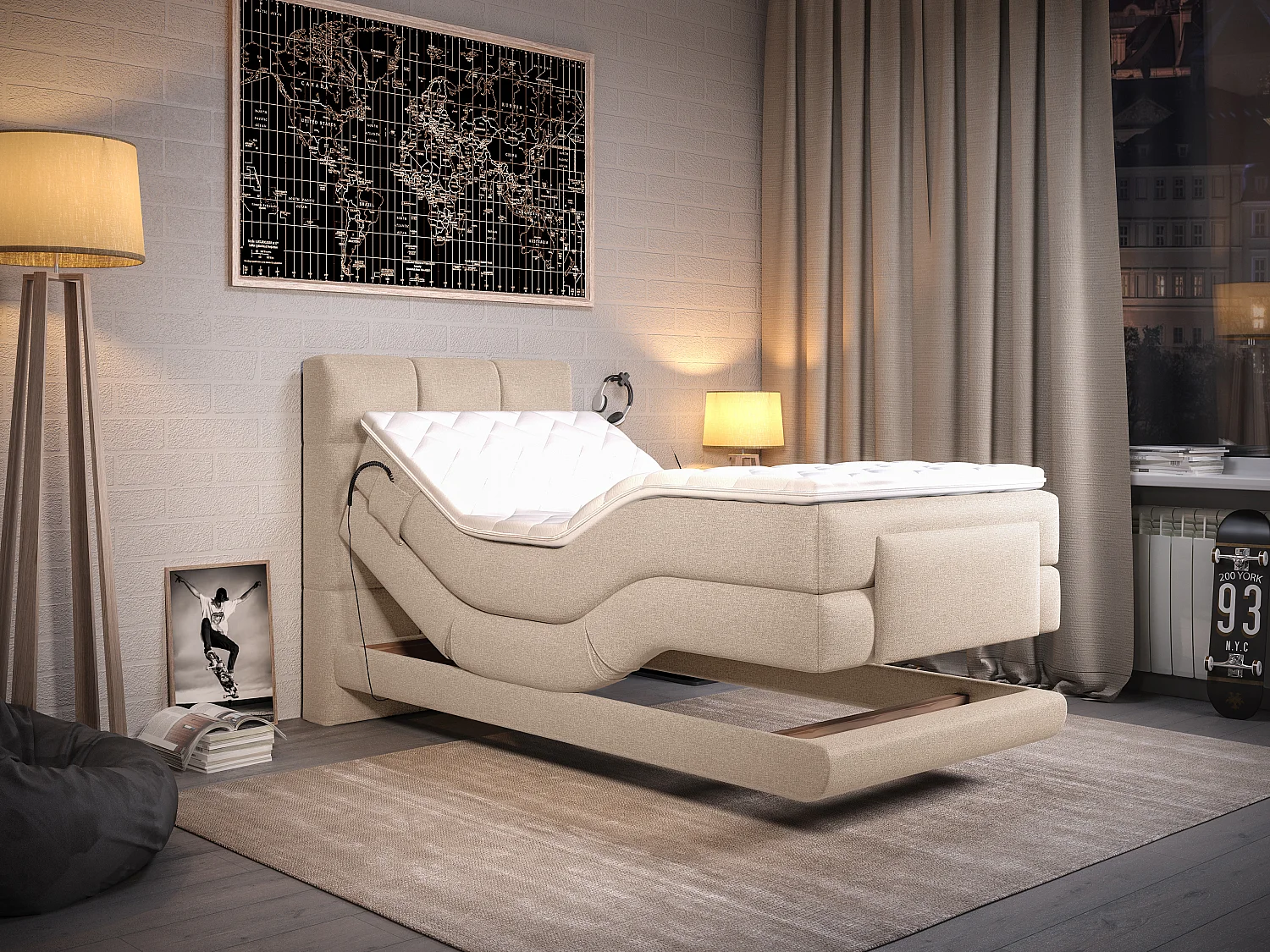 Conjunto completo boxspring, cabeceira de cama acolchoada + sommiers articulados elétricos + colchão + sobrecolchão 100x200 cm tecido bege - LODI da PALACIO