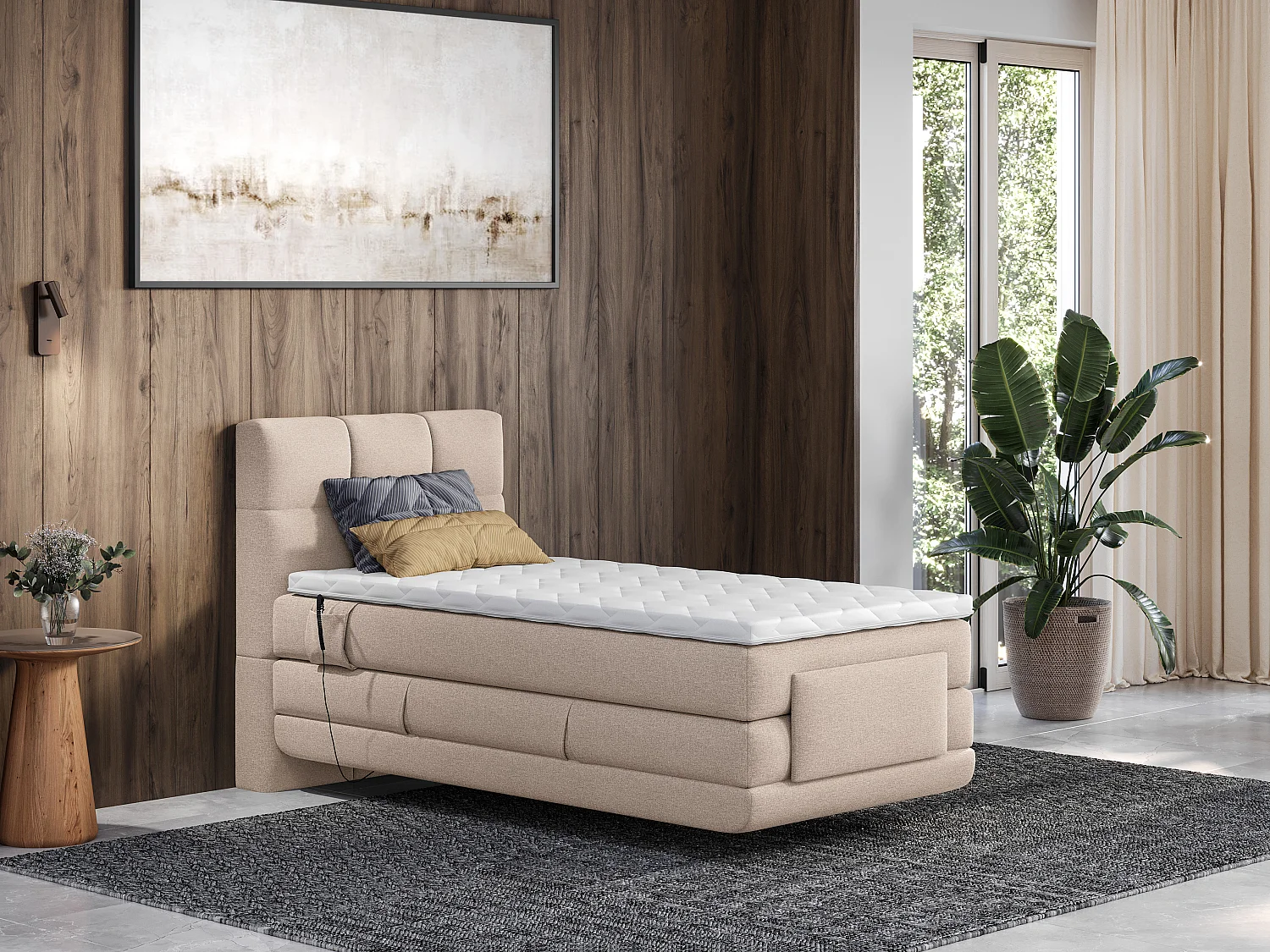 Conjunto completo boxspring, cabeceira de cama acolchoada + sommiers articulados elétricos + colchão + sobrecolchão 100x200 cm tecido bege - LODI da PALACIO