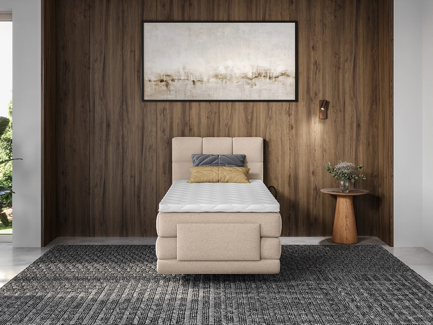 Conjunto completo boxspring, cabeceira de cama acolchoada + sommiers articulados elétricos + colchão + sobrecolchão 100x200 cm tecido bege - LODI da PALACIO