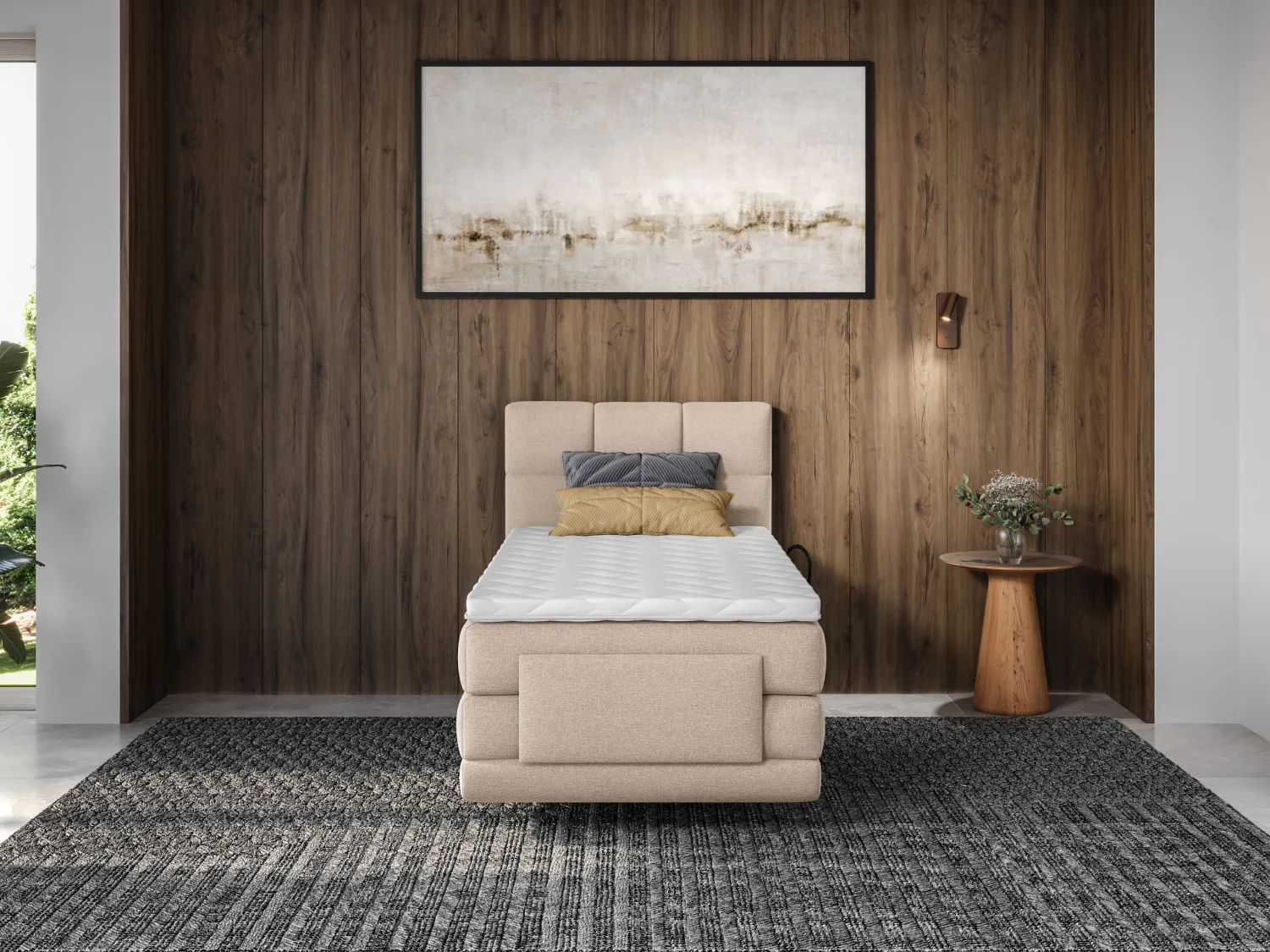 Set boxspring test. trapun.+ Rete relax elett. + Mater. + Topper 100x200 Tessuto Beige - LODI di PALACIO