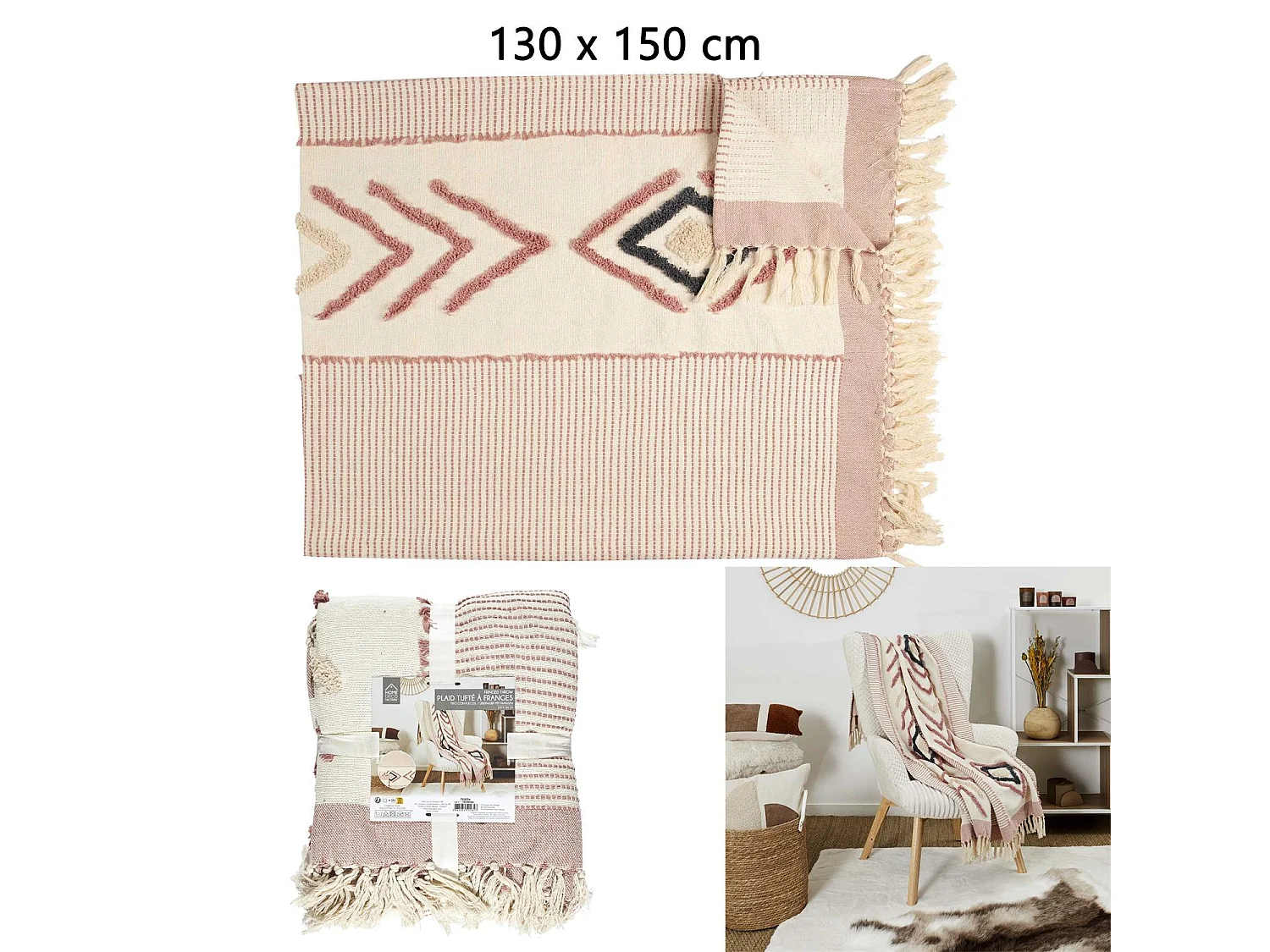 Plaid Blanc Terracotta Tufte 130x150cm Blanc, Rouge