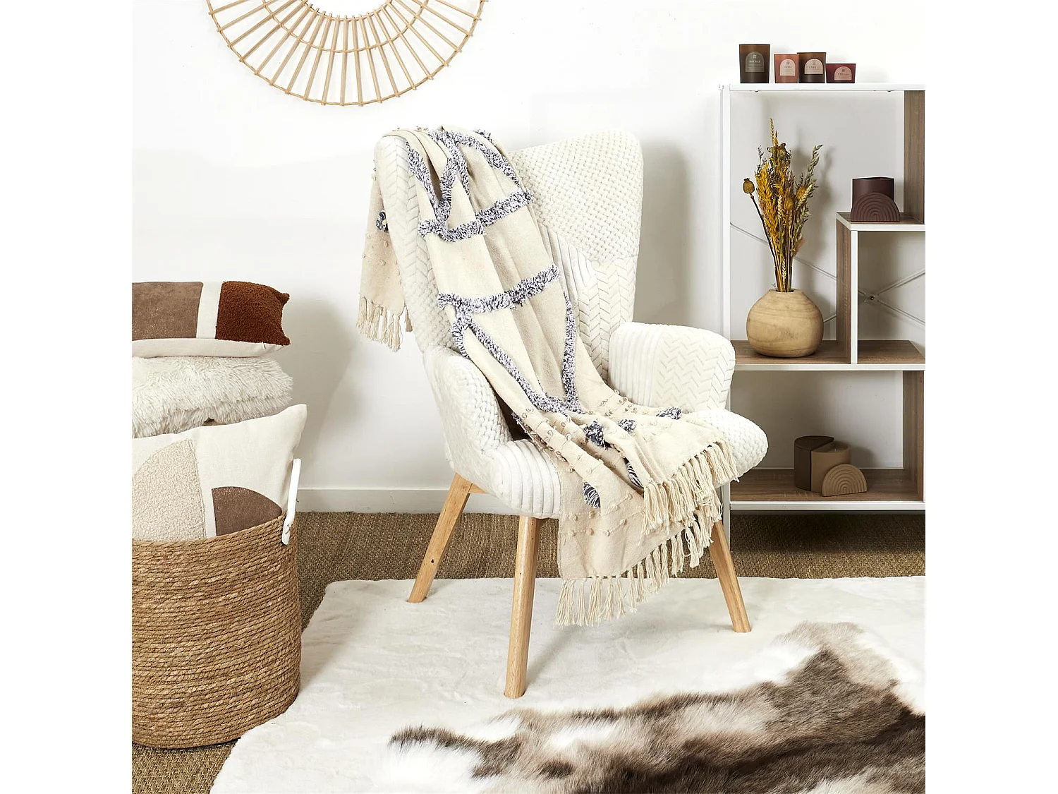 Plaid Blanc Et Gris Tufte Franges 125x150cm Blanc, Gris