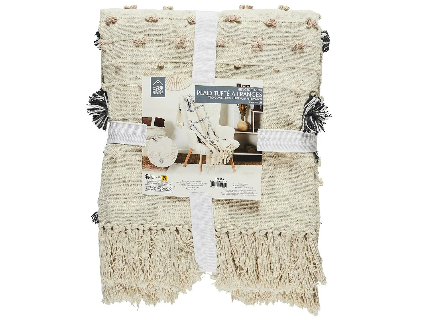 Plaid Blanc Et Gris Tufte Franges 125x150cm Blanc, Gris