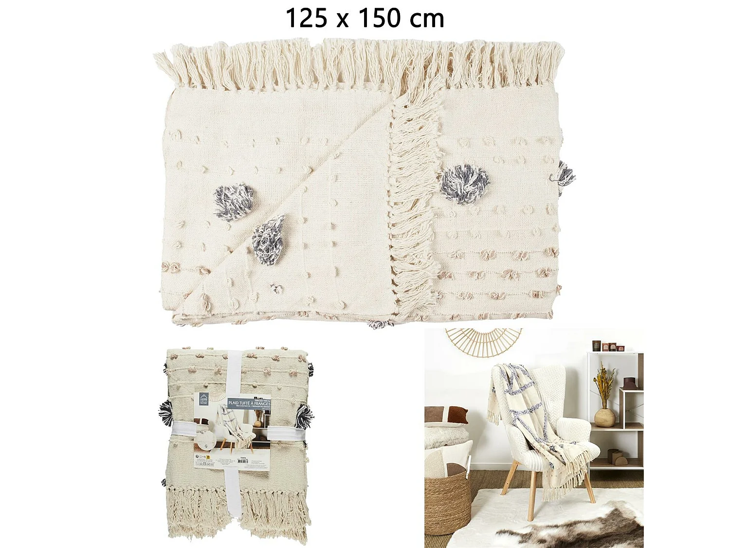 Plaid Blanc Et Gris Tufte Franges 125x150cm Blanc, Gris