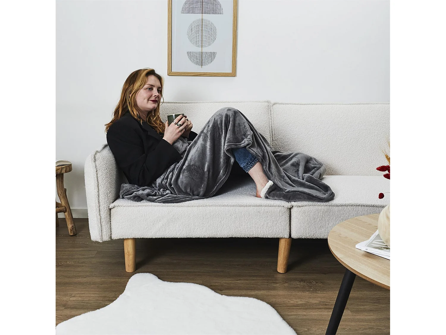 Plaid Gris Poches Pied Int Sherpa