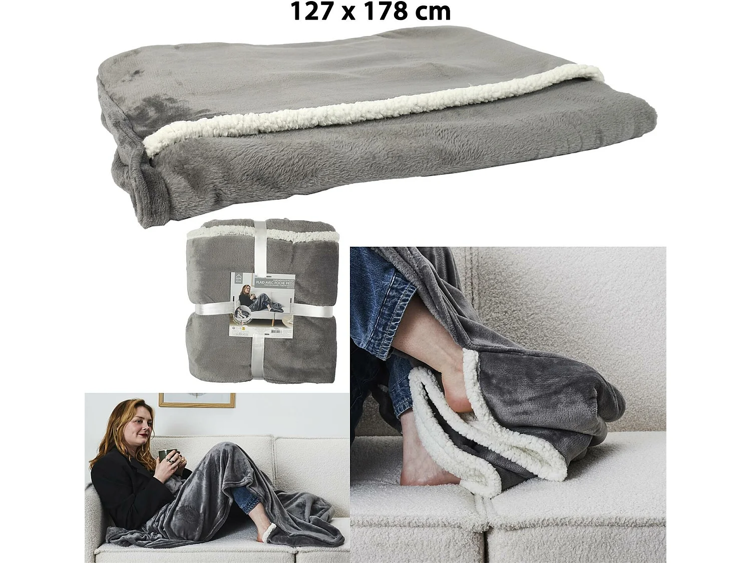 Plaid Gris Poches Pied Int Sherpa