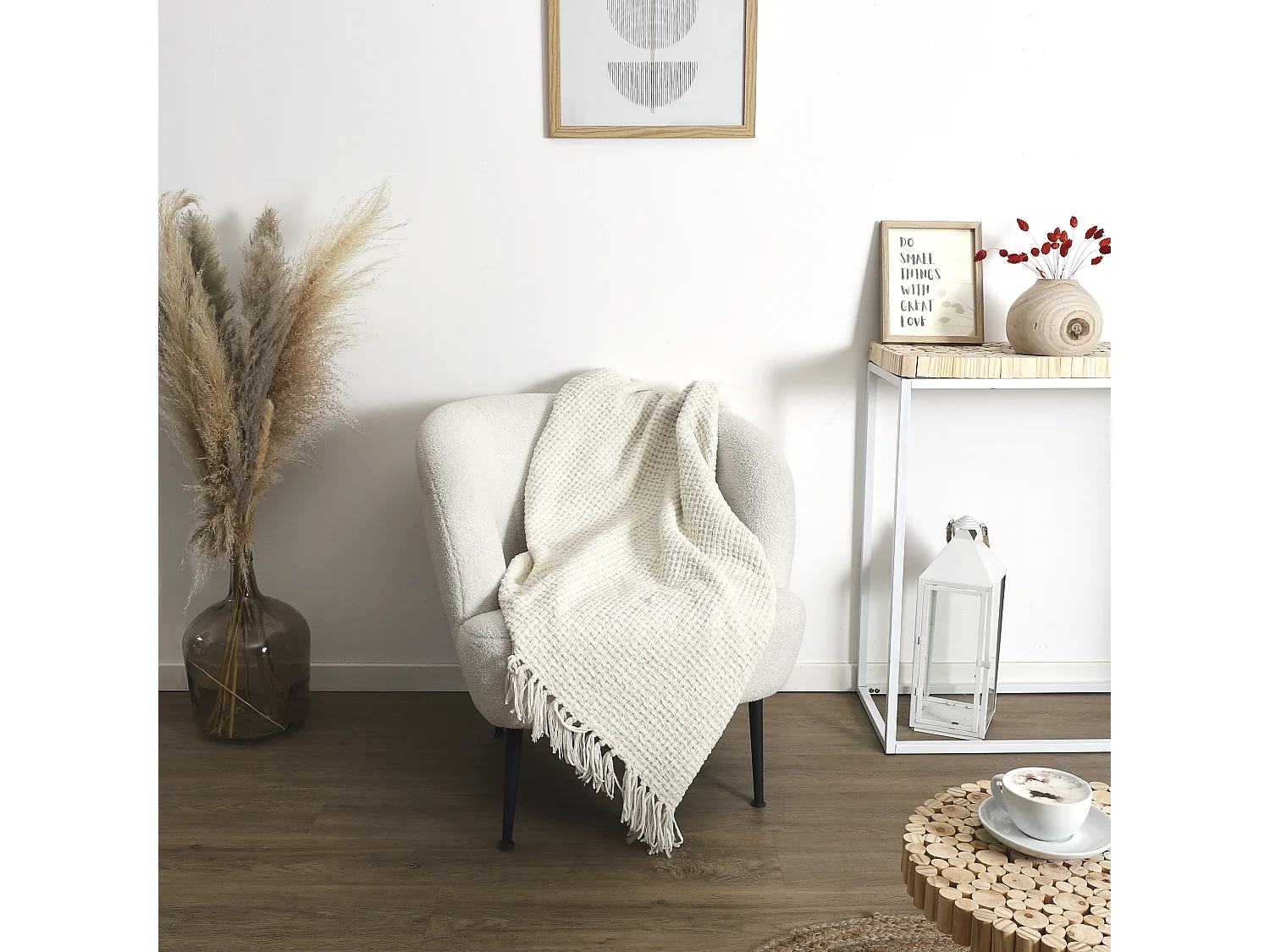 Plaid Blanc Chenille Gaufre 125x150cm Blanc