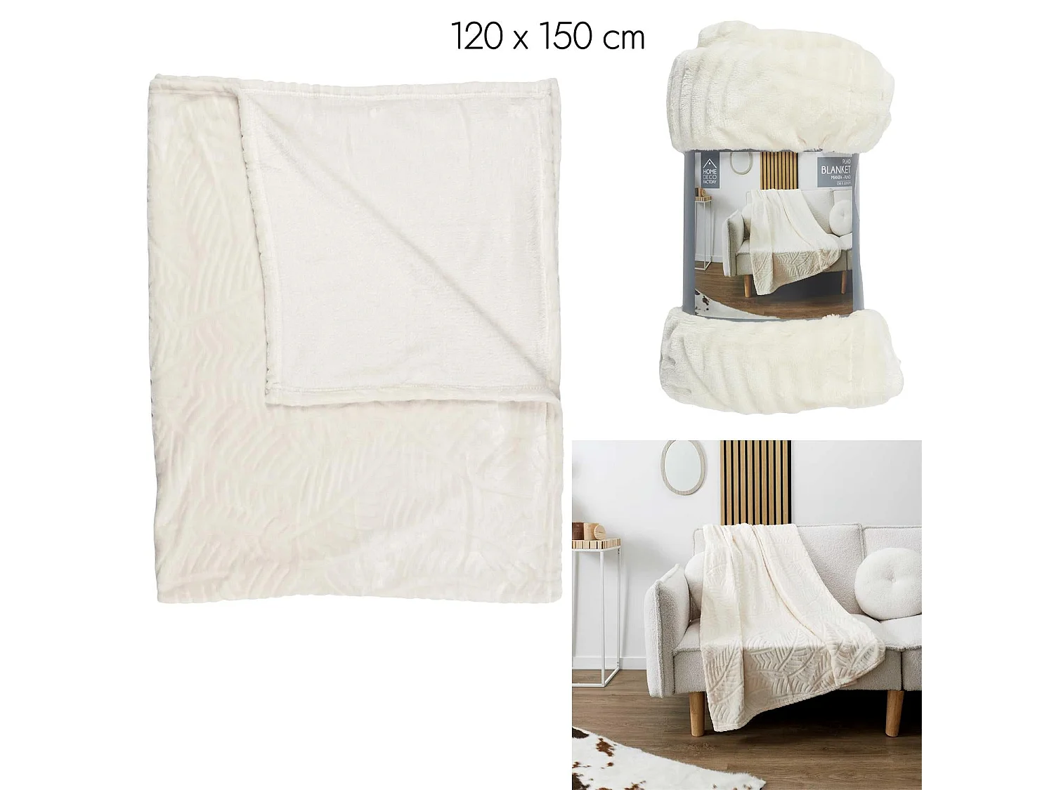 Plaid Flanelle Embosse Creme 120x150cm Beige