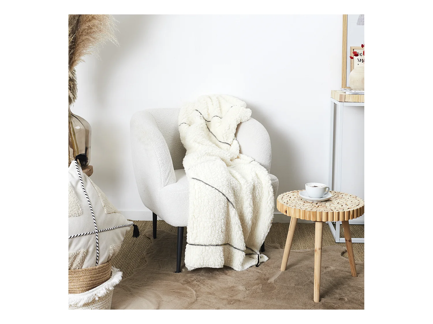Plaid Sherpa Blanc Motif Triangle 130x160cm Blanc