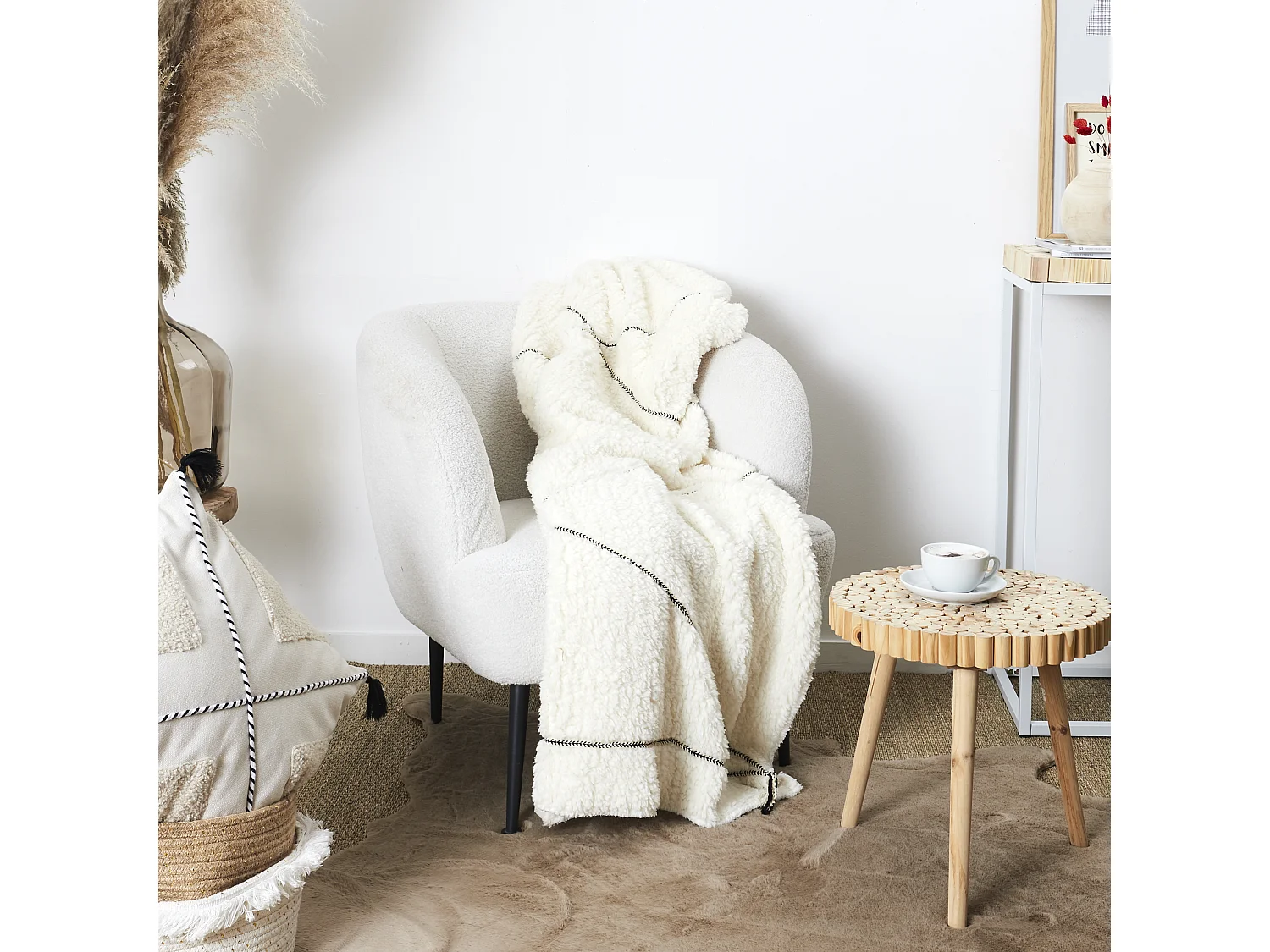 Plaid Sherpa Blanc Motif Triangle 130x160cm Blanc