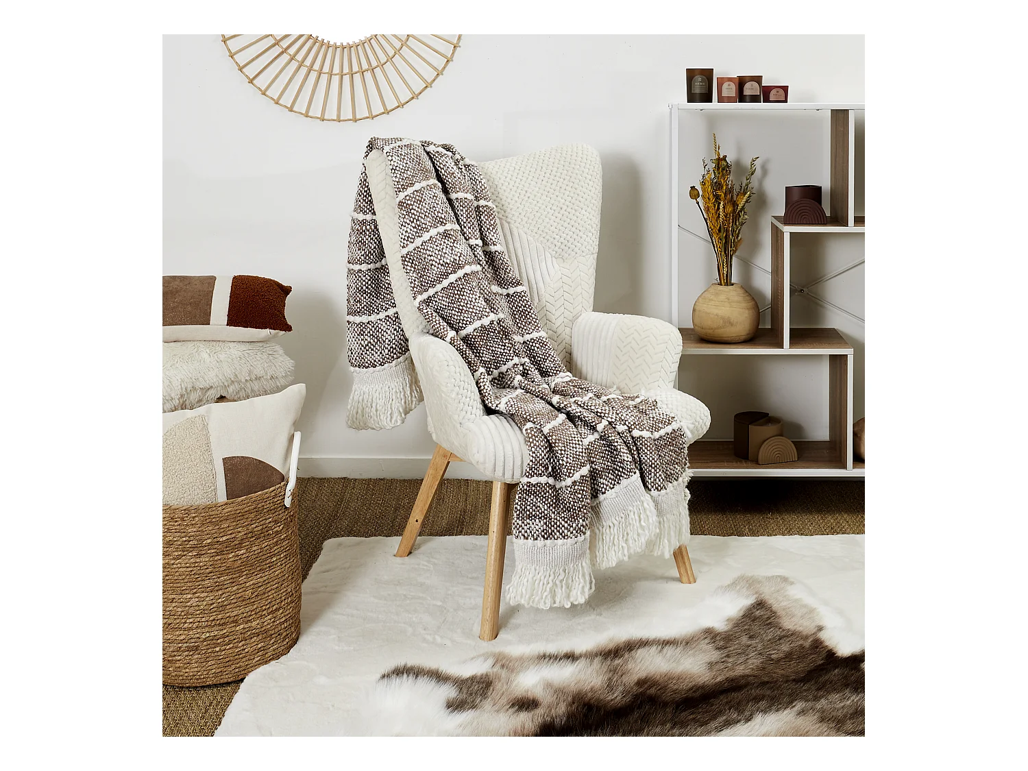 Plaid Gris Fonce Acry Franges 120x150cm Marron