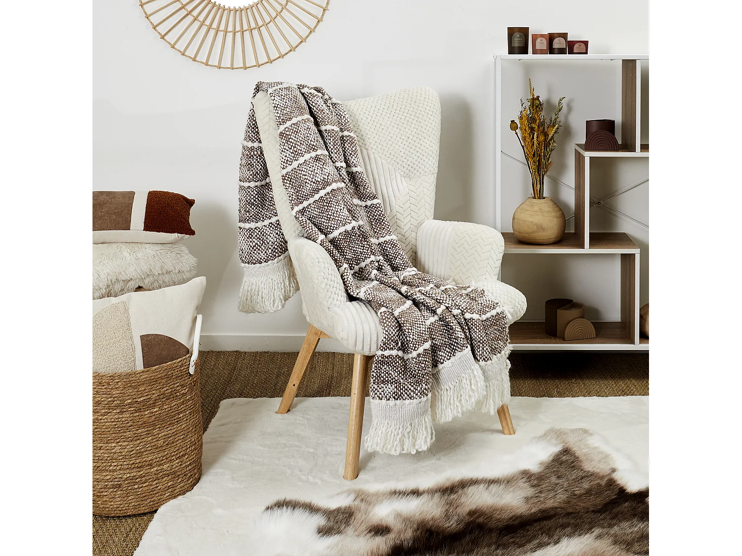 Plaid Gris Fonce Acry Franges 120x150cm Marron