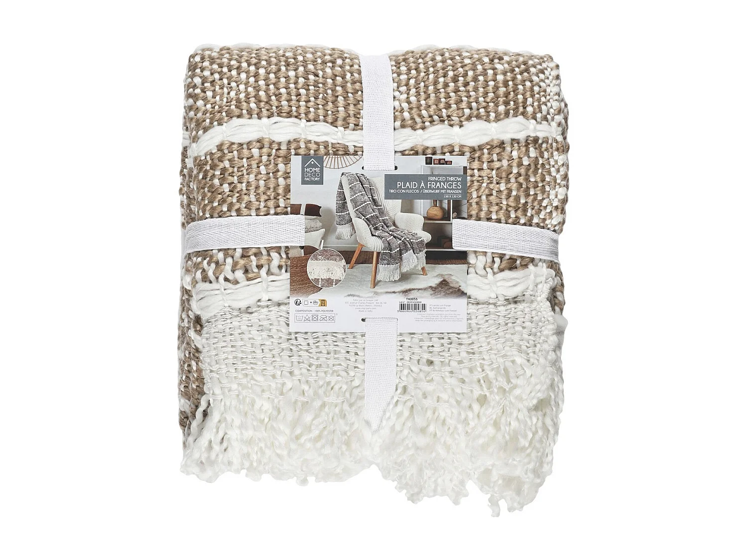 Geflochtener Taupe Strickplaid mit Fransen 120x150 cm 100% Polyester Komfort Cocooning