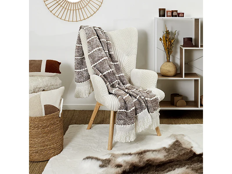 Plaid Gris Fonce Acry Franges 120x150cm Marron