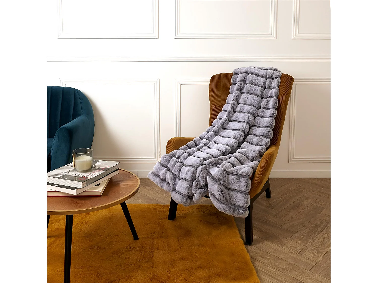 Plaid Imit Fourre Rayures Gris 120x150cm Gris