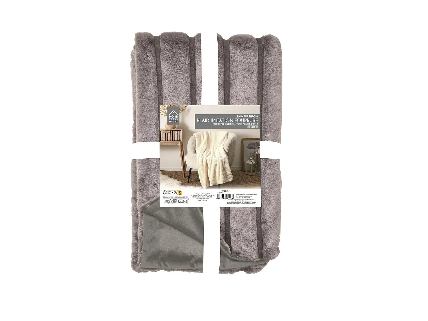 Plaid Imit Fourre Rayures Gris 120x150cm Gris