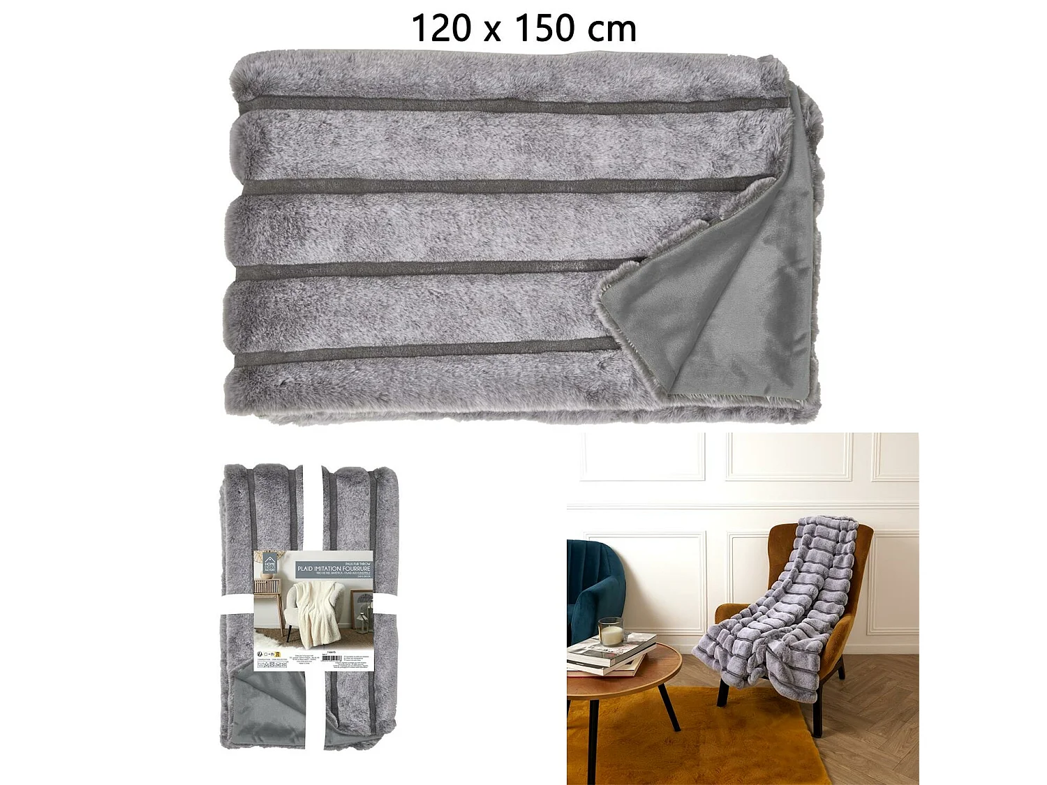 Plaid Imit Fourre Rayures Gris 120x150cm Gris