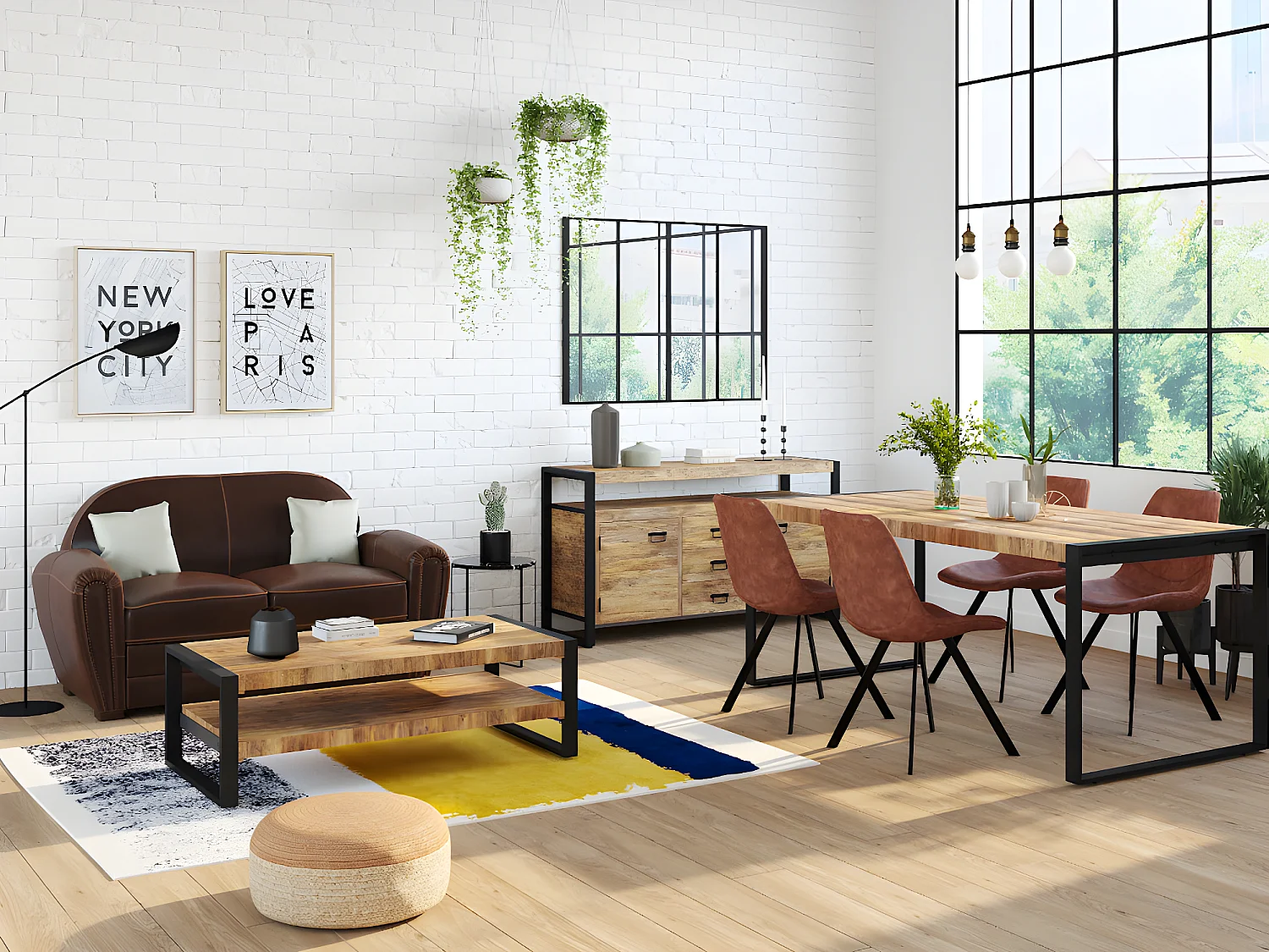 Espejo "ventana" estilo industrial DUDLEY - hierro - 4 bandas - 120 x 90 cm - Negro