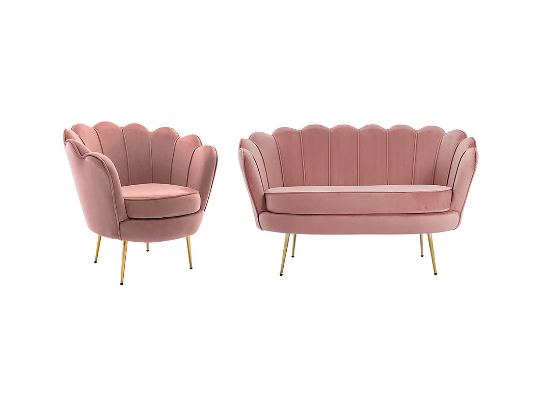 Canapé 2 places et fauteuil coquillage en velours rose DANDELION de Pascal Morabito