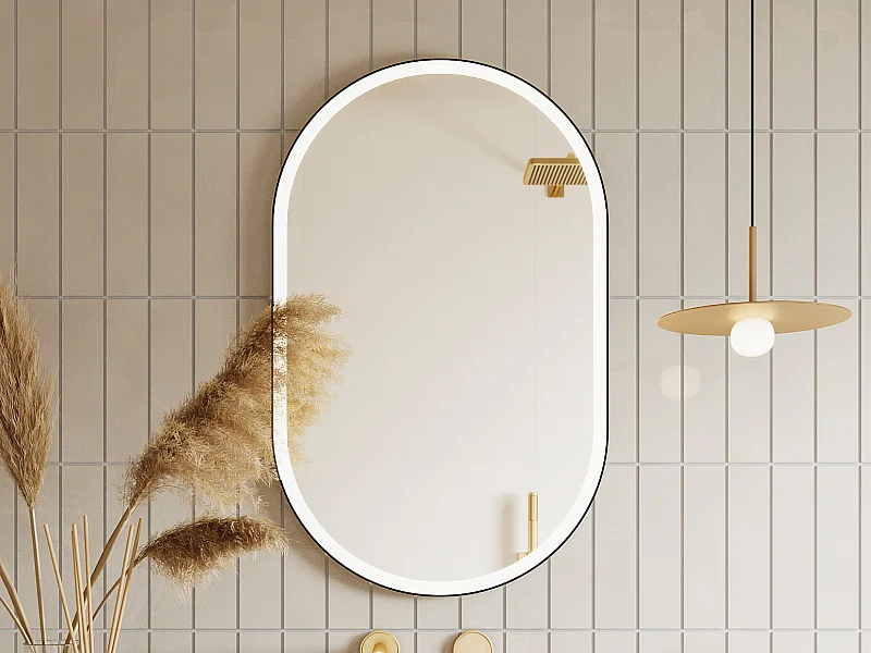 Miroir de salle de bain lumineux ovale anti buée avec contour noir - 60 x 90 cm - ALARICO