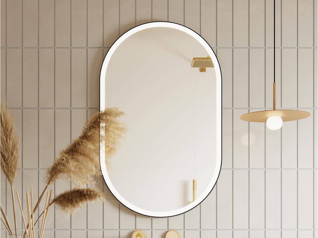 Miroir de salle de bain lumineux ovale anti buée avec contour noir - 60 x 90 cm - ALARICO