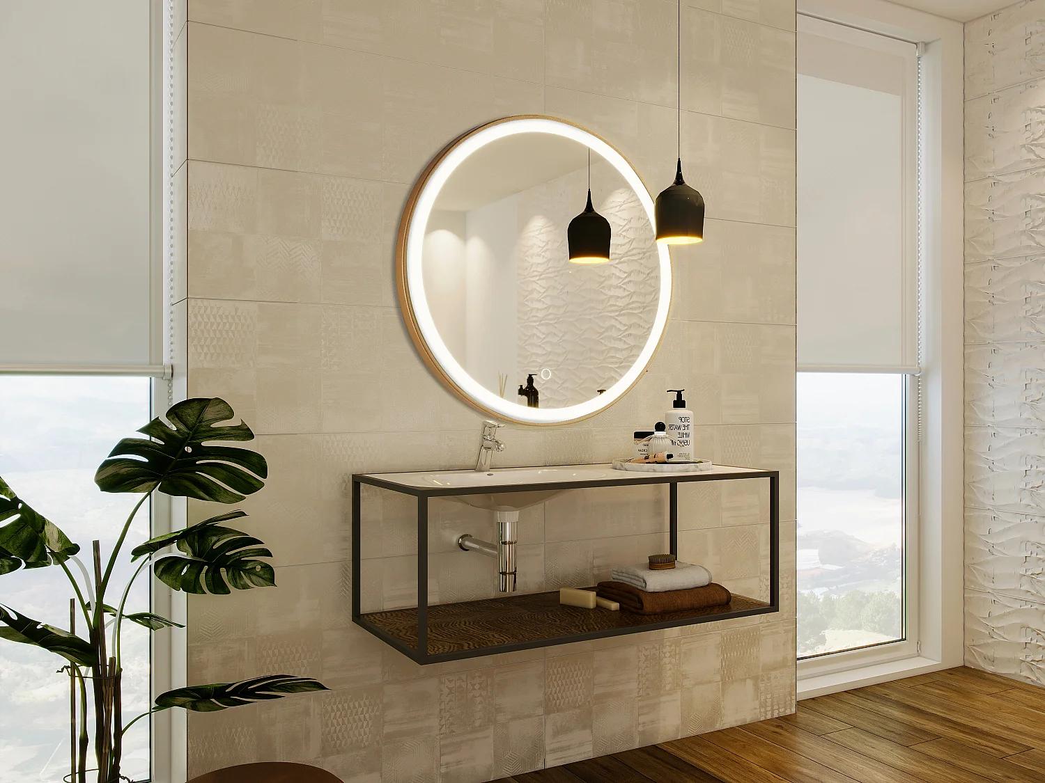 Miroir de salle de bain lumineux rond doré avec Leds - D80 cm - NUMEA