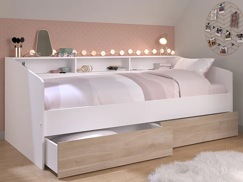 Bett 90 x 190/200 cm mit Stauraum + Lattenrost - Weiß & Holzfarben - PAULETTE