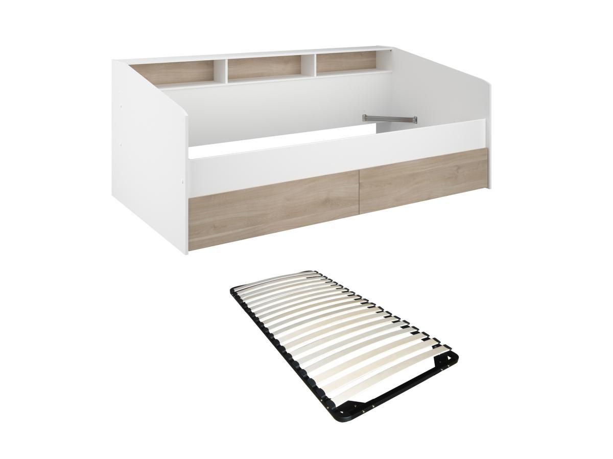 Bett 90 x 190/200 cm mit Stauraum + Lattenrost - Weiß & Holzfarben - PAULET günstig online kaufen