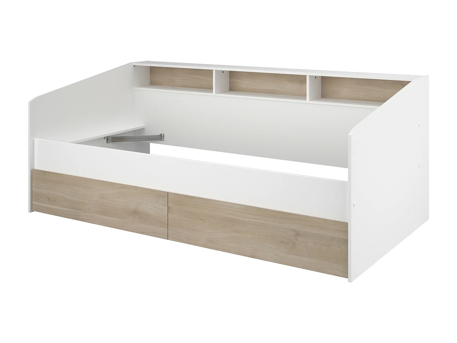 Bed 90 x 200 cm met opbergruimte - Wit en natuurlijk + Lattenbodem - PAULETTE