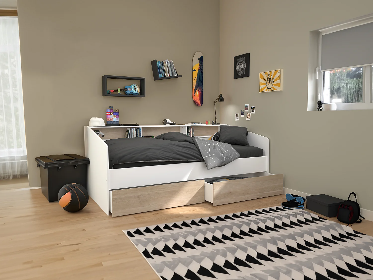 Bed 90 x 200 cm met opbergruimte - Wit en natuurlijk + Lattenbodem - PAULETTE