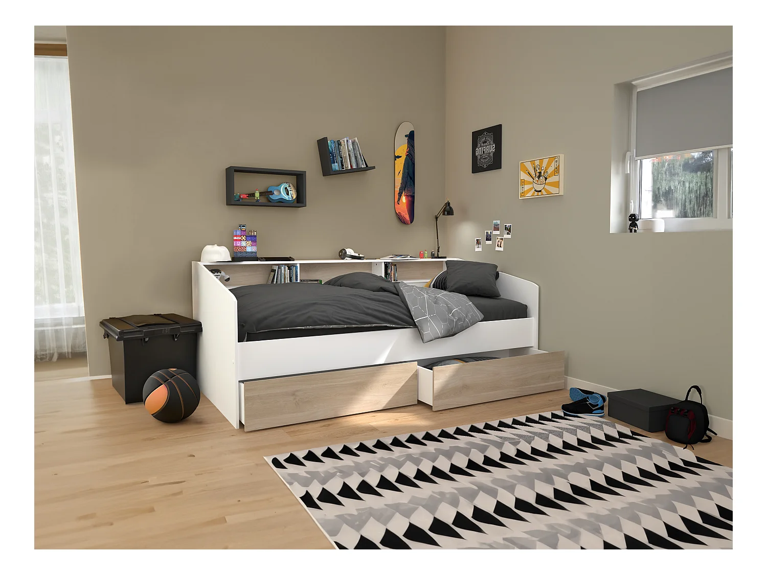 Lit 90 x 190/200 cm avec rangements - Blanc et naturel + Sommier - PAULETTE
