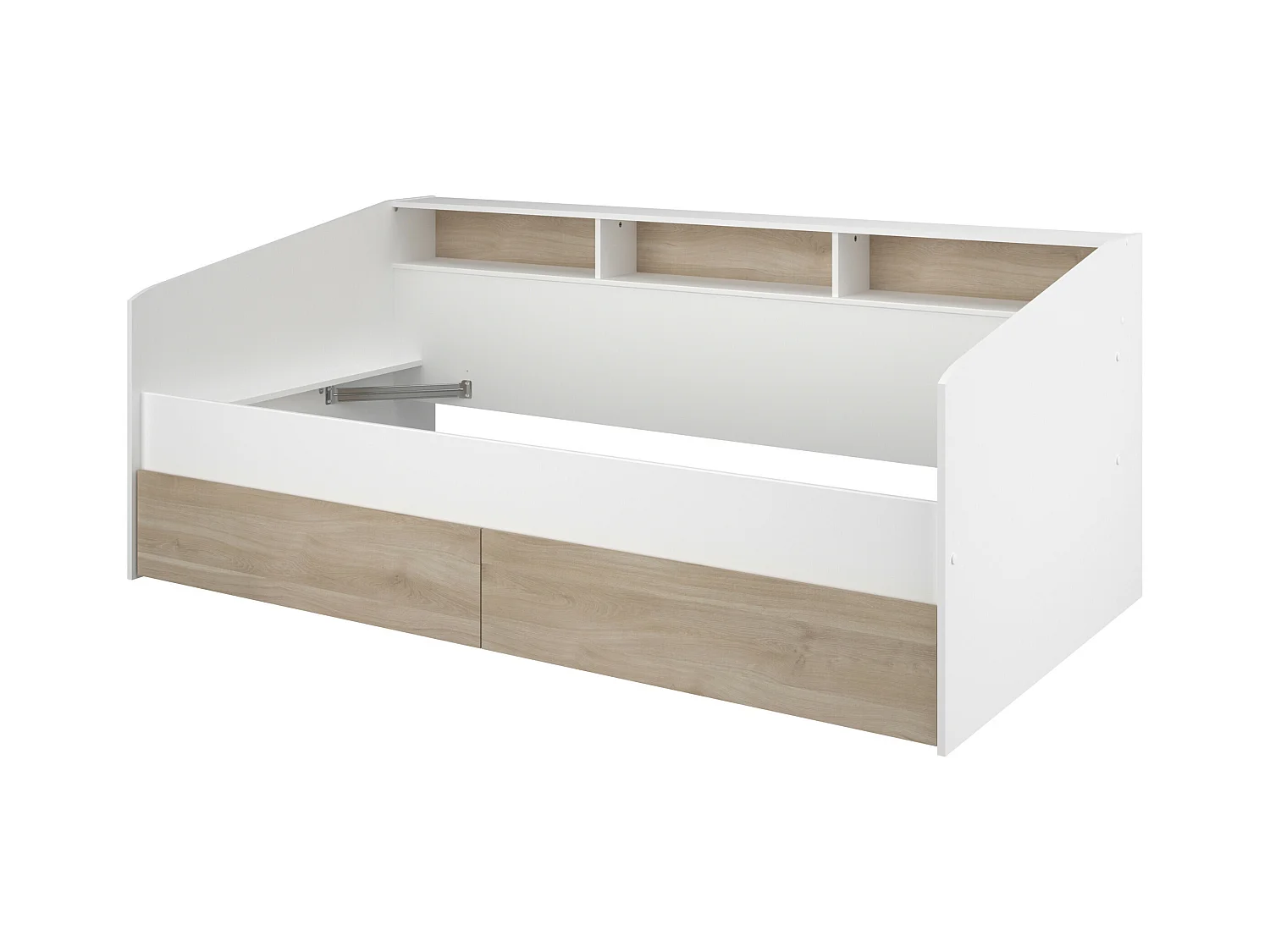 Lit 90 x 190/200 cm avec rangements - Blanc et naturel + Sommier - PAULETTE