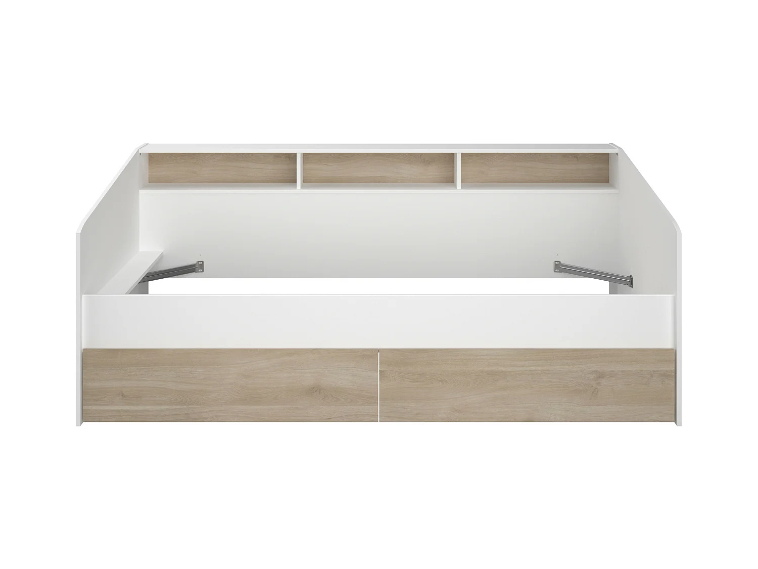 Lit 90 x 190/200 cm avec rangements - Blanc et naturel + Sommier - PAULETTE