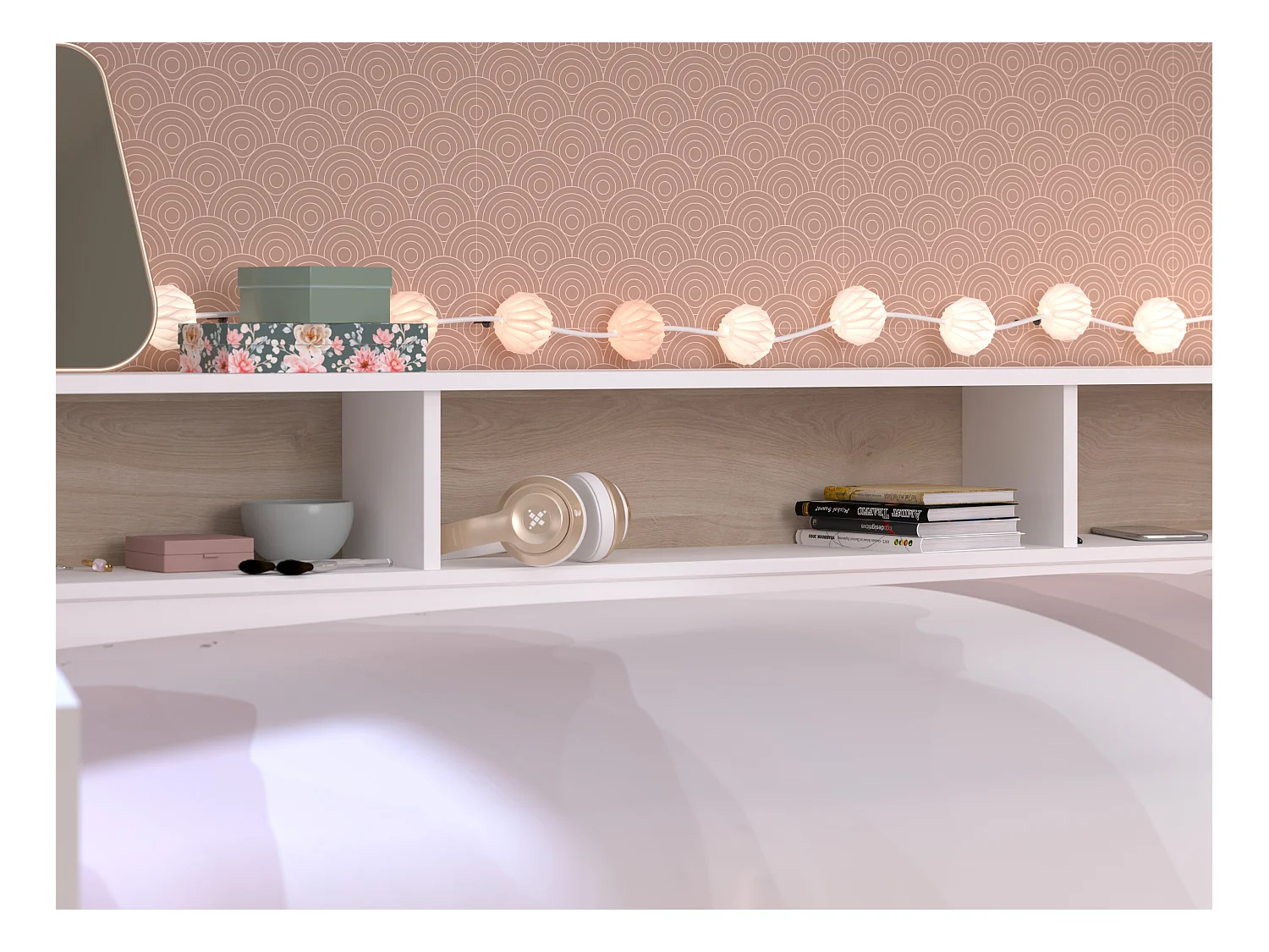 Lit 90 x 190/200 cm avec rangements - Blanc et naturel + Sommier - PAULETTE