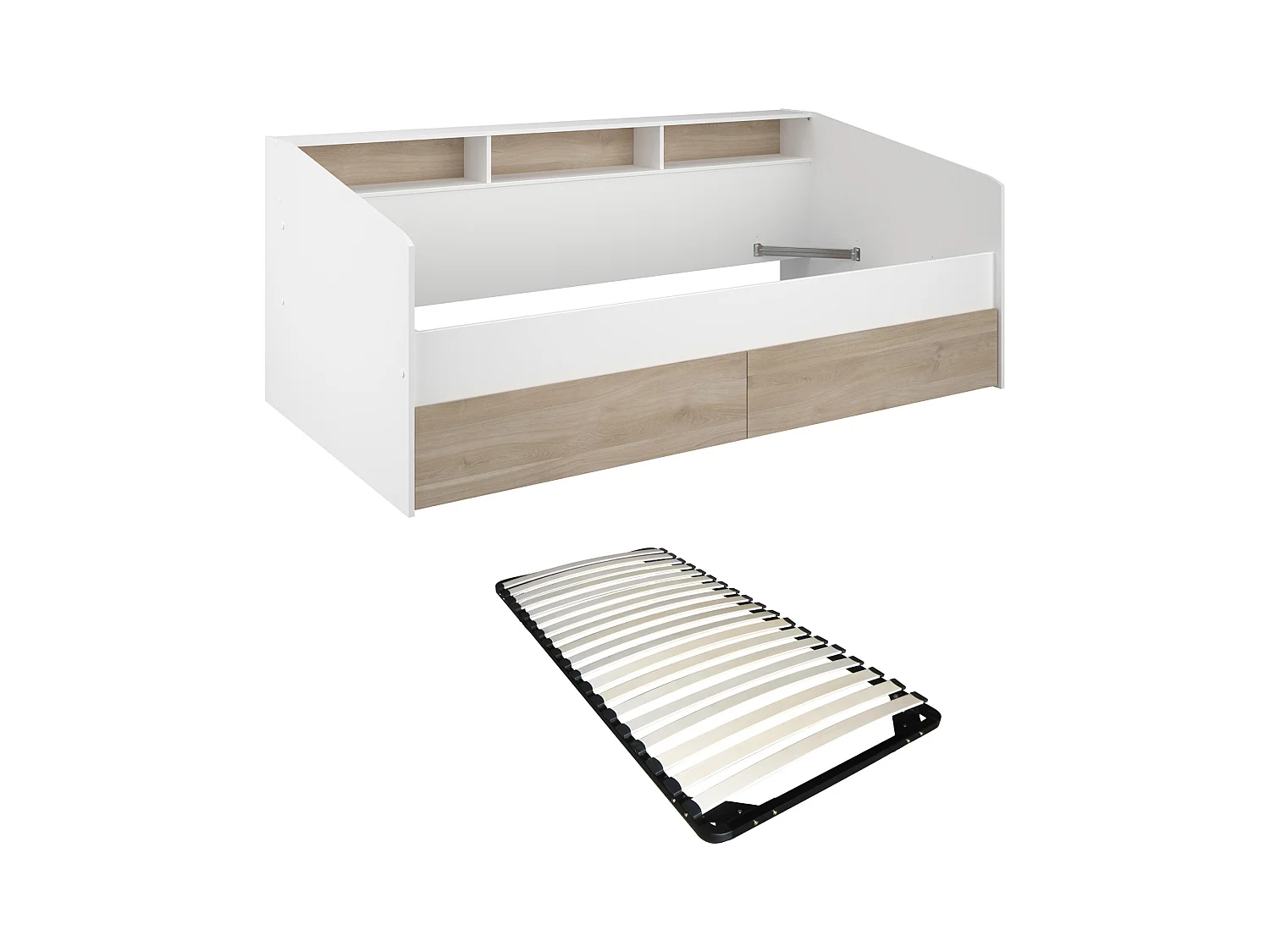 Lit 90 x 190/200 cm avec rangements - Blanc et naturel + Sommier - PAULETTE