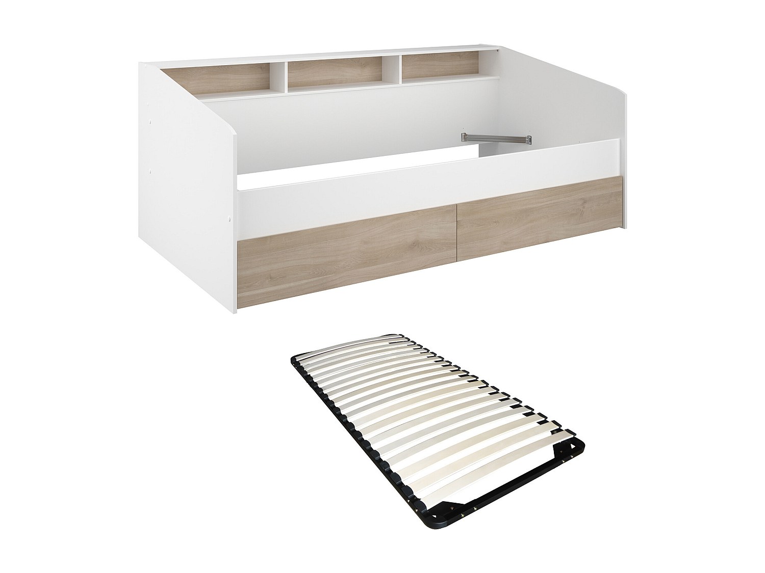 Bett 90 x 190/200 cm mit Stauraum + Lattenrost - Weiß & Holzfarben - PAULET günstig online kaufen