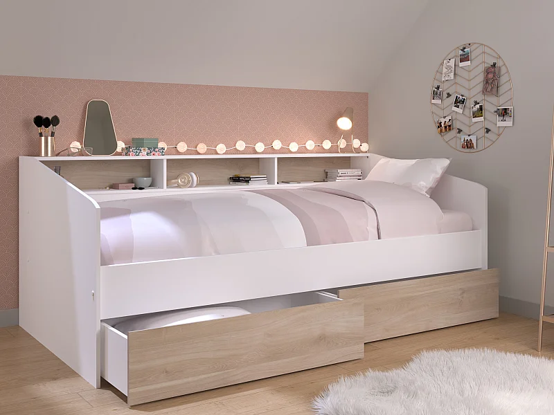 Bett 90 x 190/200 cm mit Stauraum  + Lattenrost + Matratze - Weiß & Holzfarben - PAULETTE