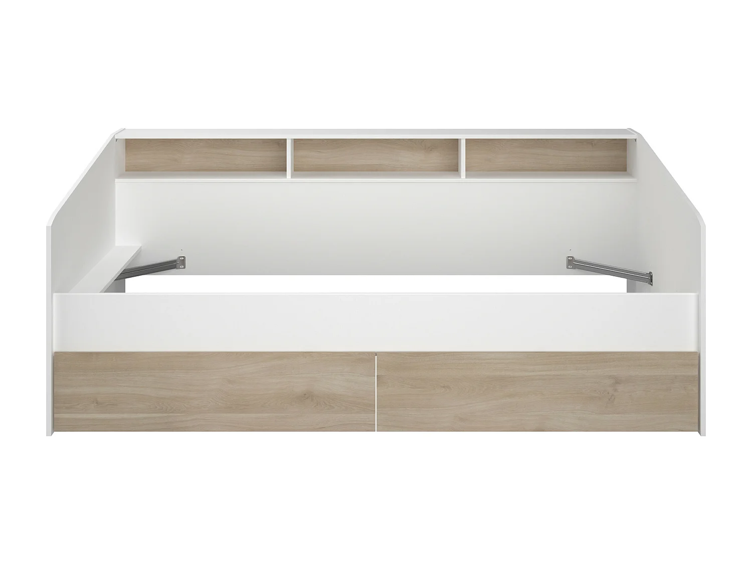 Lit 90 x 190/200 cm avec rangements - Blanc et naturel + Sommier + Matelas - PAULETTE