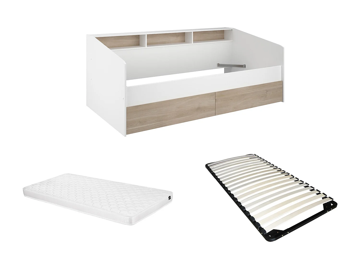 Lit 90 x 190/200 cm avec rangements - Blanc et naturel + Sommier + Matelas - PAULETTE