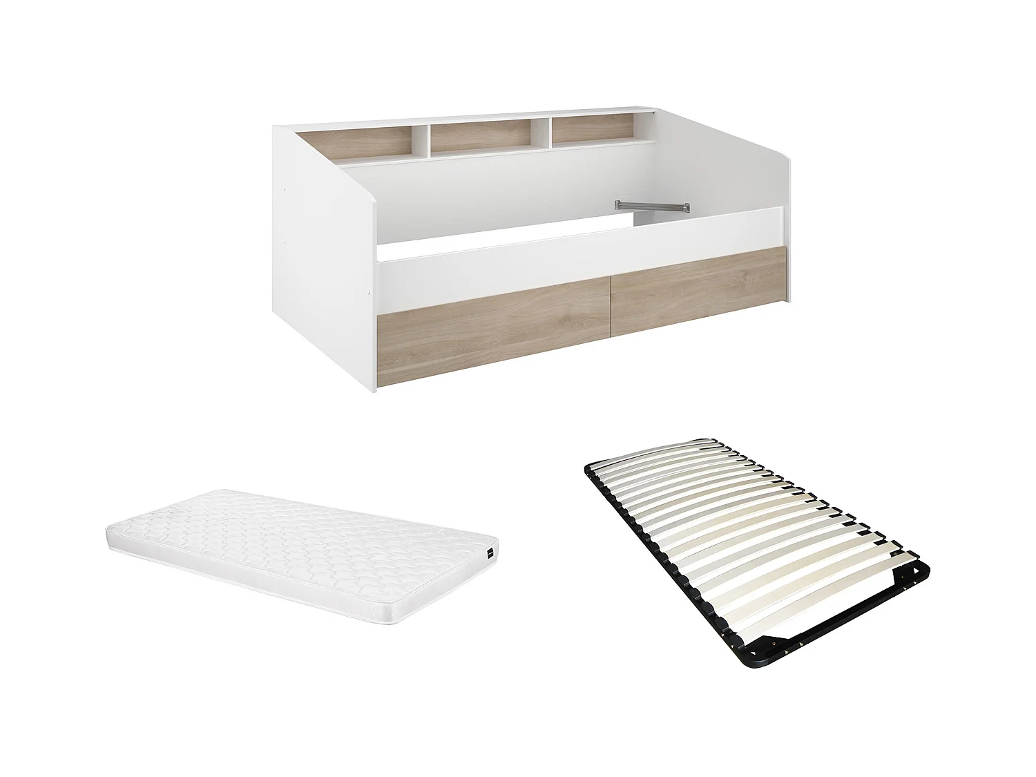 Bed 90 x 200 cm met opbergruimte - Wit en natuurlijk + Lattenbodem + Matras - PAULETTE