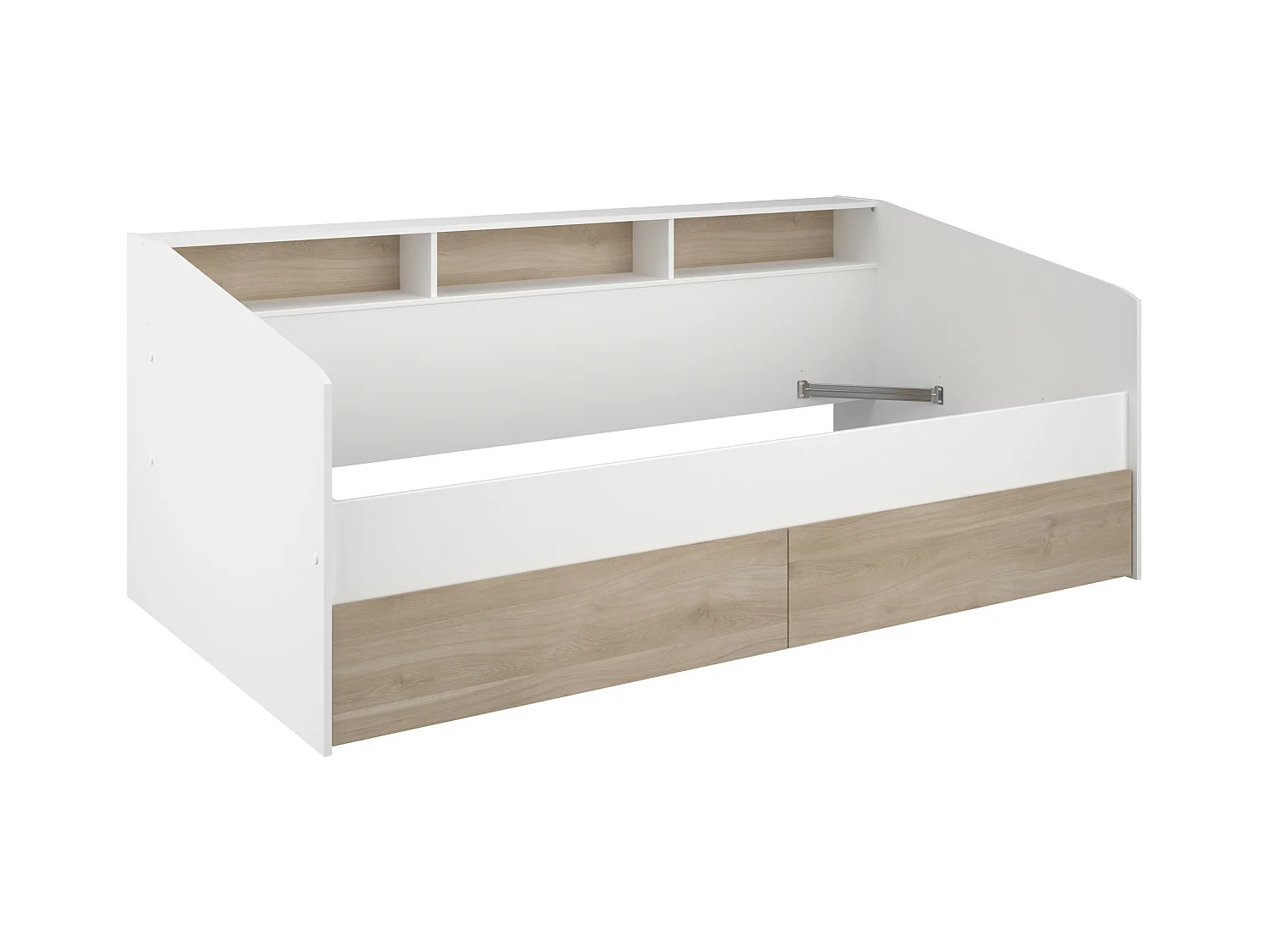 Bed 90 x 200 cm met opbergruimte - Wit en natuurlijk + Lattenbodem + Matras - PAULETTE