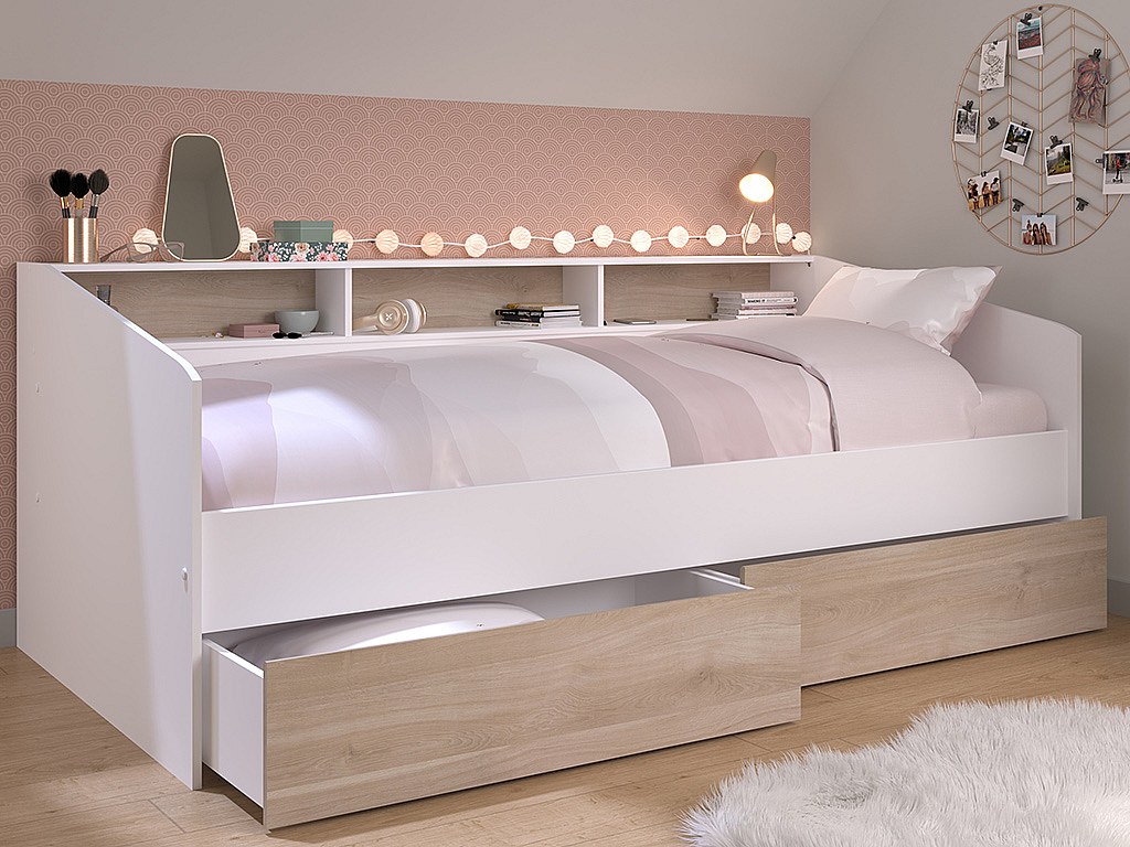 Bett 90 x 190/200 cm mit Stauraum  + Lattenrost + Matratze - Weiß & Holzfar günstig online kaufen