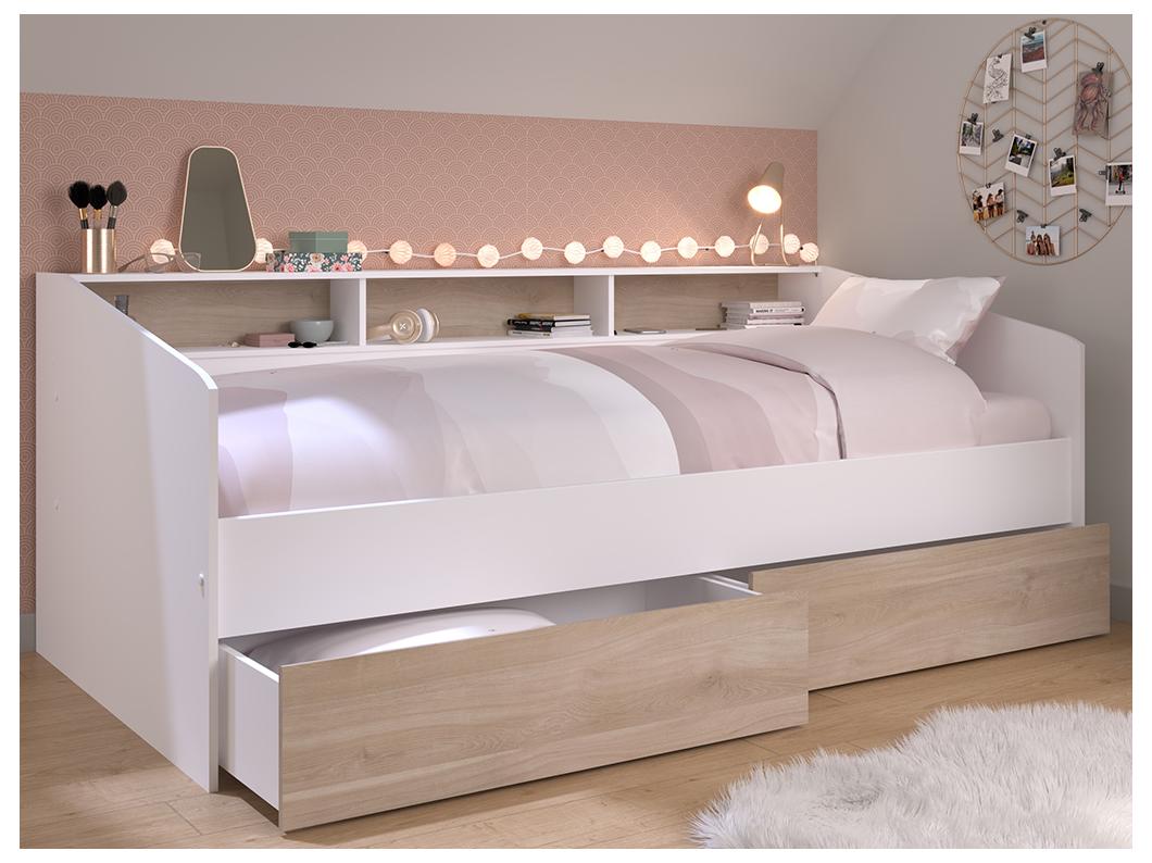 Lit 90 x 190/200 cm avec rangements - Blanc et naturel + Sommier + Matelas - PAULETTE
