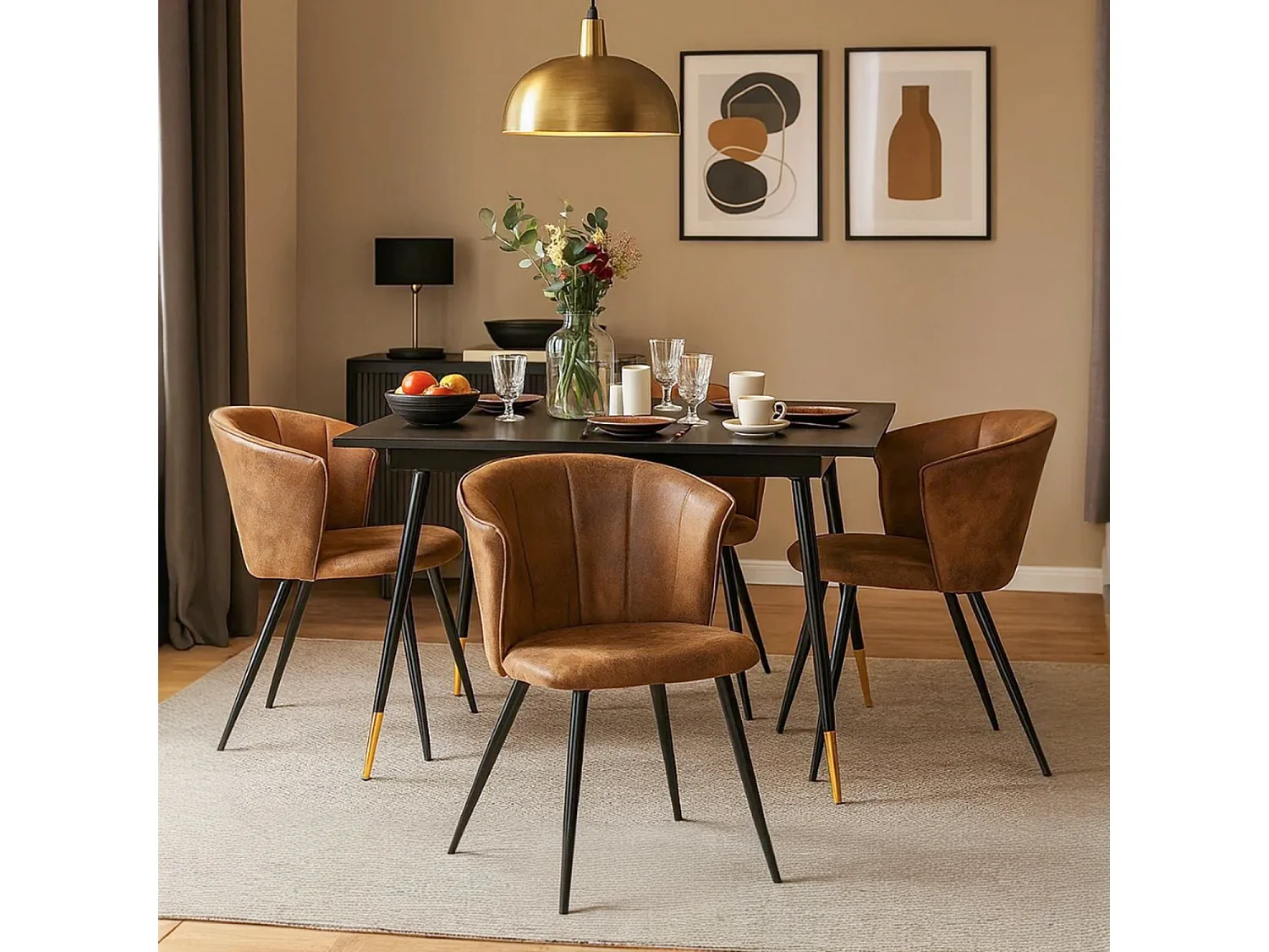 MEUBLES COSY Lot de 4 chaises de salle à manger fauteuils industriels assise et dossier rembourrés en suédine marron, pieds en métal noir