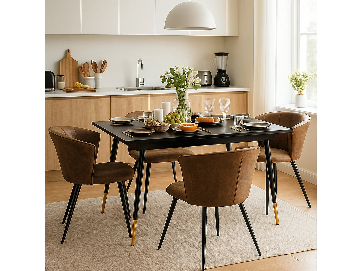 MEUBLES COSY Lot de 4 chaises de salle à manger fauteuils industriels assise et dossier rembourrés en suédine marron, pieds en métal noir