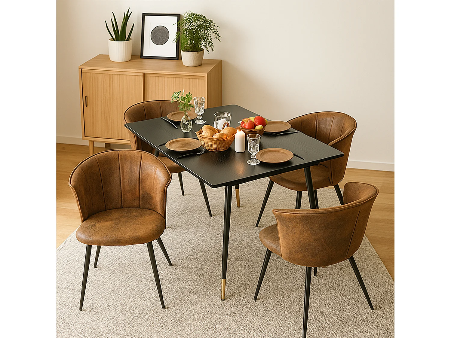 MEUBLES COSY Lot de 4 chaises de salle à manger fauteuils industriels assise et dossier rembourrés en suédine marron, pieds en métal noir