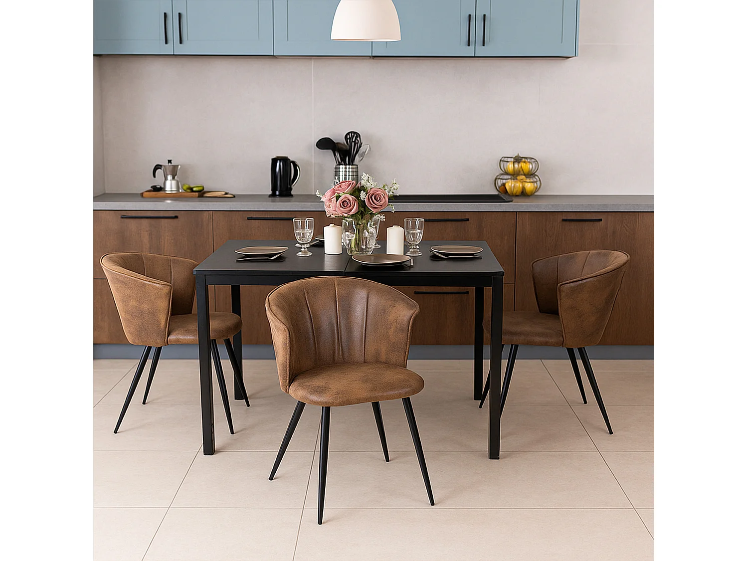 MEUBLES COSY Lot de 4 chaises de salle à manger fauteuils industriels assise et dossier rembourrés en suédine marron, pieds en métal noir