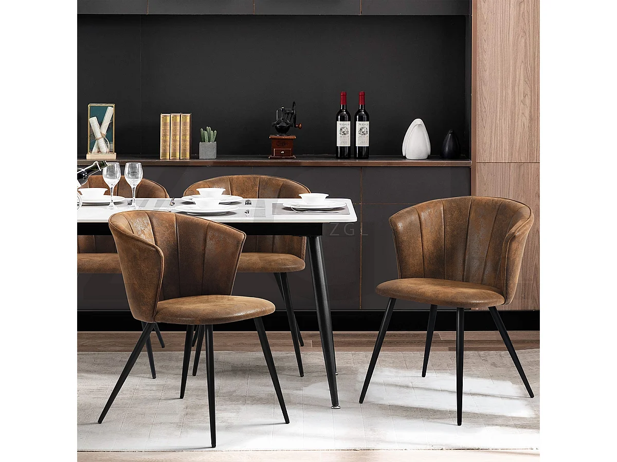 MEUBLES COSY Lot de 4 chaises de salle à manger fauteuils industriels assise et dossier rembourrés en suédine marron, pieds en métal noir