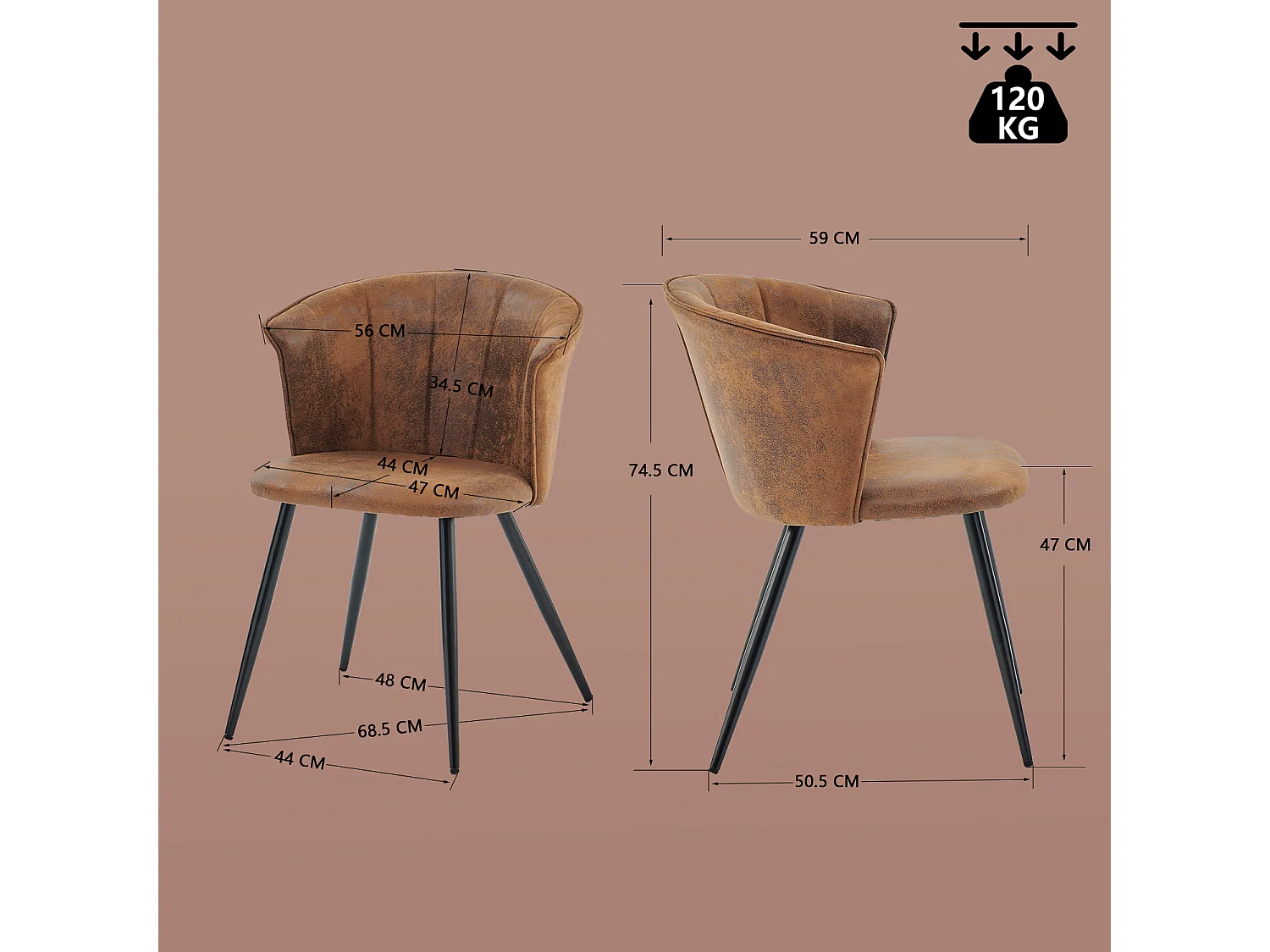 MEUBLES COSY Lot de 4 chaises de salle à manger fauteuils industriels assise et dossier rembourrés en suédine marron, pieds en métal noir